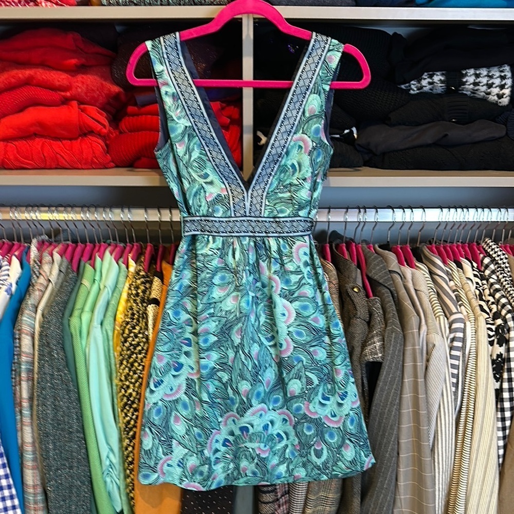 H&M turquoise/pink print sleeveless v neck back tie dress size 2
